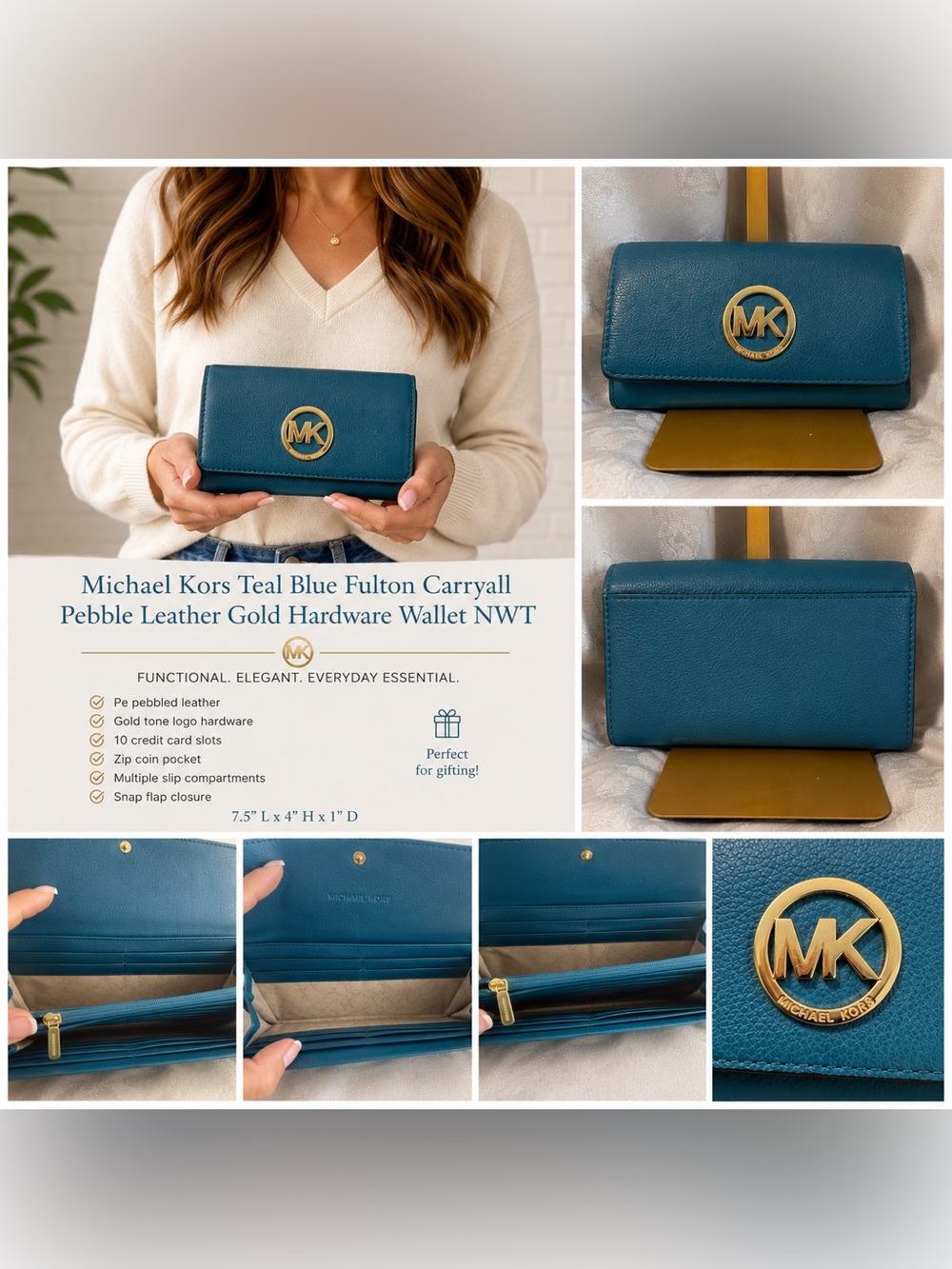 Michael Kors Fulton Carryall Teal Pebbled Leather Wallet NWT Gold Logo